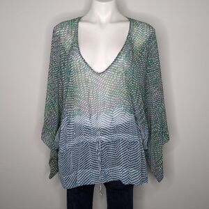✨3/$15 Cabi blue green pink sheer v neck drawstring waist blouse M
